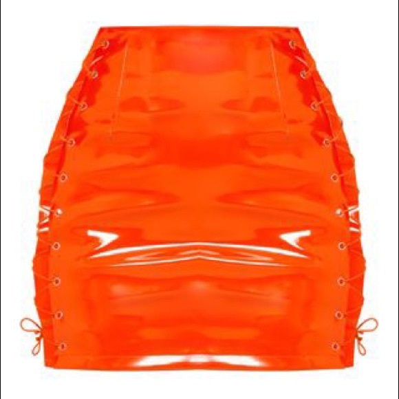 PLT Neon Orange Vinyl Lace Up Side Mini Skirt - Picture 2 of 4